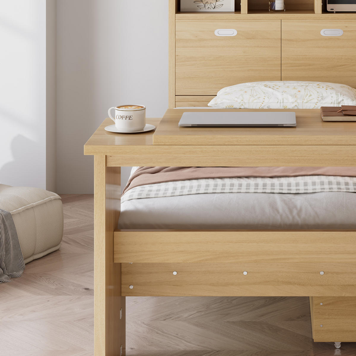 JUGENDBETT 90/200 cm in Natur mit Stauraum, Klapptisch und Kopfteilregal - Naturfarben, Holzwerkstoff - STILVORA