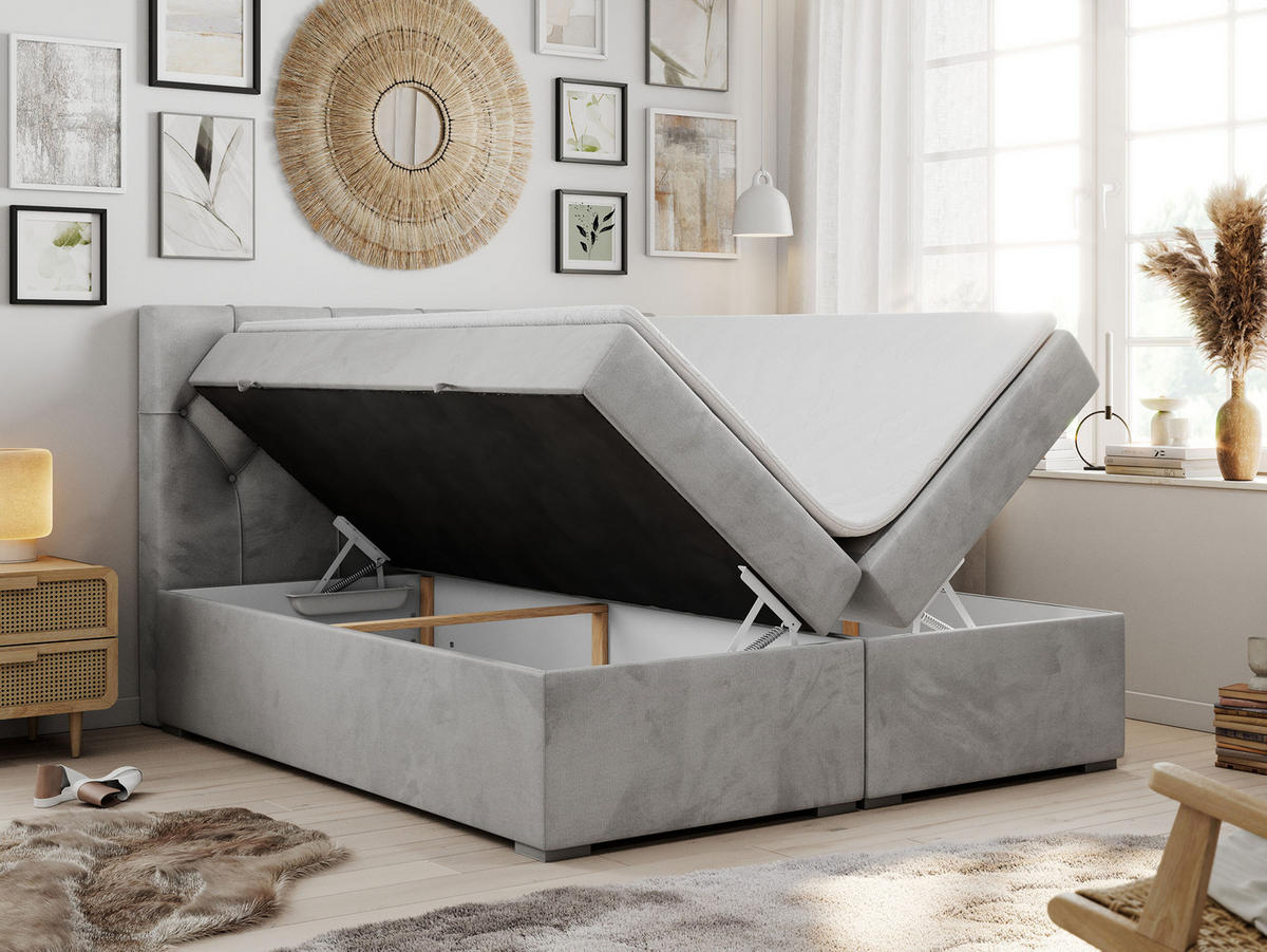 BOXBETT ALDA 160/200 Hellgrau Velvet - H3 - Hellgrau, Holz/Textil (160/200cm) - MKS