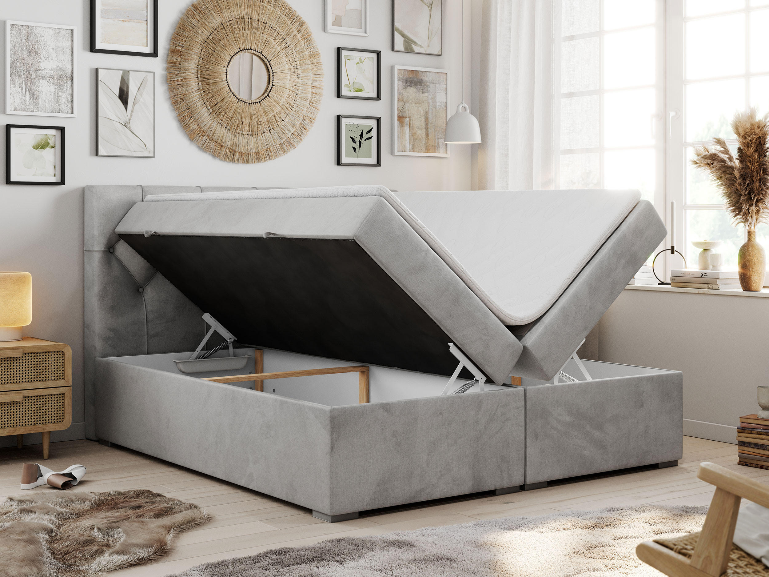 Thumbnail - MKS Boxbett, Hellgrau, Textil, 2-Sitzer, H4, Rechteckig, 140x200 cm, Schlafzimmer, Betten, Boxspringbetten