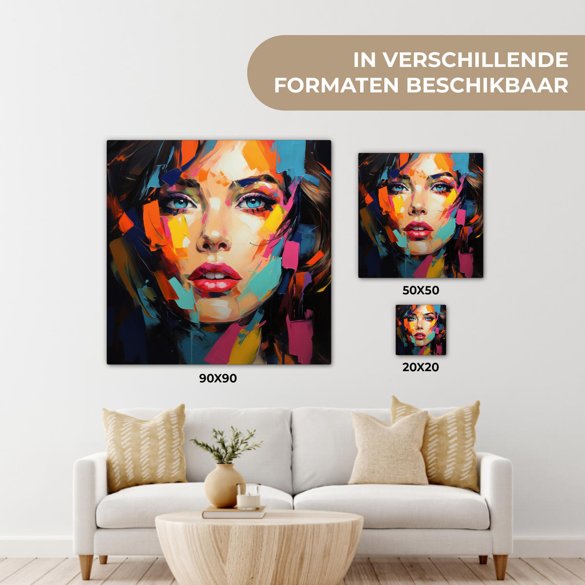 LEINWANDBILD Frau - Porträt - Farbenfroh - Kunst Deko Wohnzimmer 20x20 cm - Multicolor, Textil (20/20cm) - MuchoWow