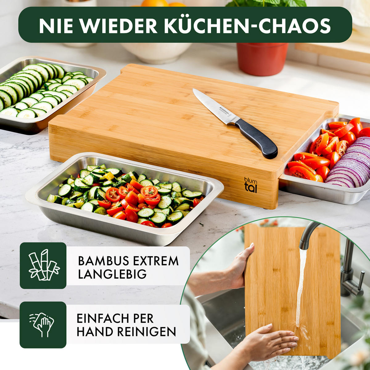 SCHNEIDEBRETT mit 3 Auffangschalen - Naturfarben, Holz (28.5/40cm) - Blumtal