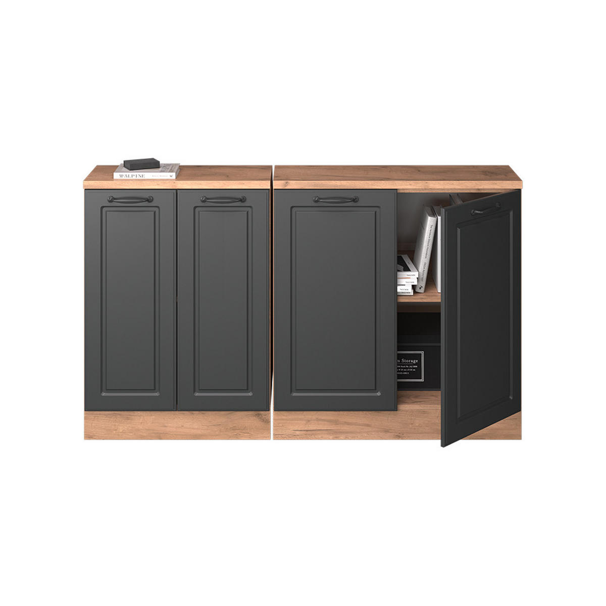 KUHINJSKI ORMAR ZA KOSINE KROVA R-Line Antracit u rustikalnom stilu 140 cm Set od 2 korpusa ormara, dubina 60 cm - hrast medunac/antracit, drvni materijal (140/83.8/60cm) - Vicco