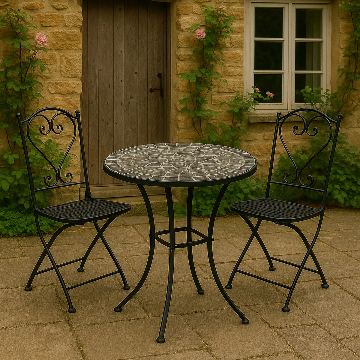 BISTROTISCH Derby mit Mosaik-Tischplatte grau/weiss - Gestell aus schwarz pulverbeschichtetem Eisen 60x60x70 cm - Schwarz, Metall (60/60/70cm) - TPFGarden