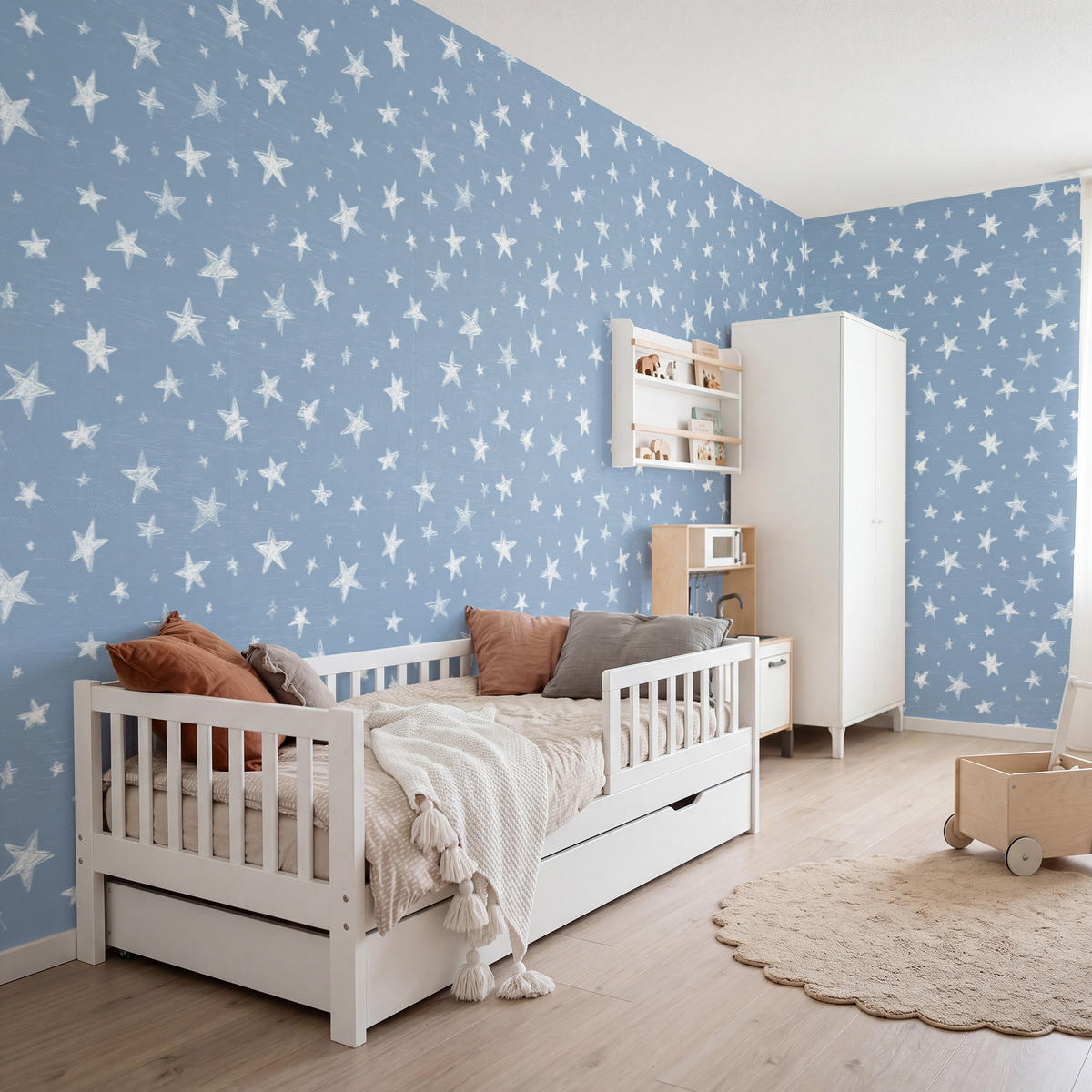 KINDERTAPETE - Sterne - Muster - Blau - 500x200 cm - Hellblau, Papier (500/200cm) - OnlyWow