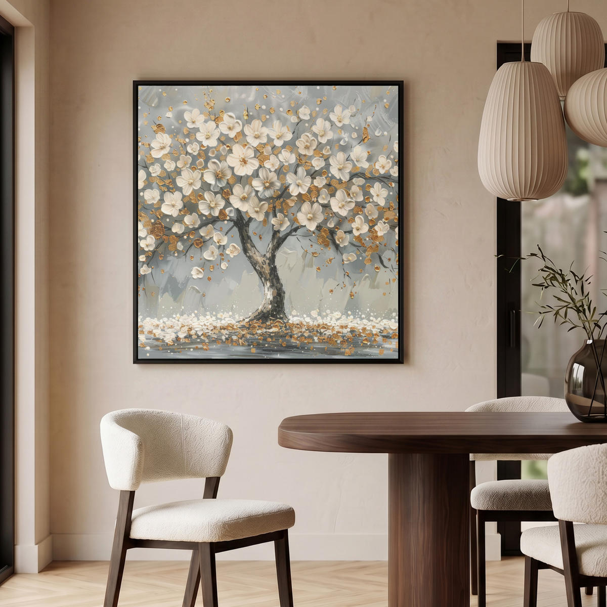 LEINWAND Bilder mit Rahmen - Baum - Blumen - Weiß - Natur - Kunst - 90x90 - Weiß, Textil (90/90cm) - MuchoWow