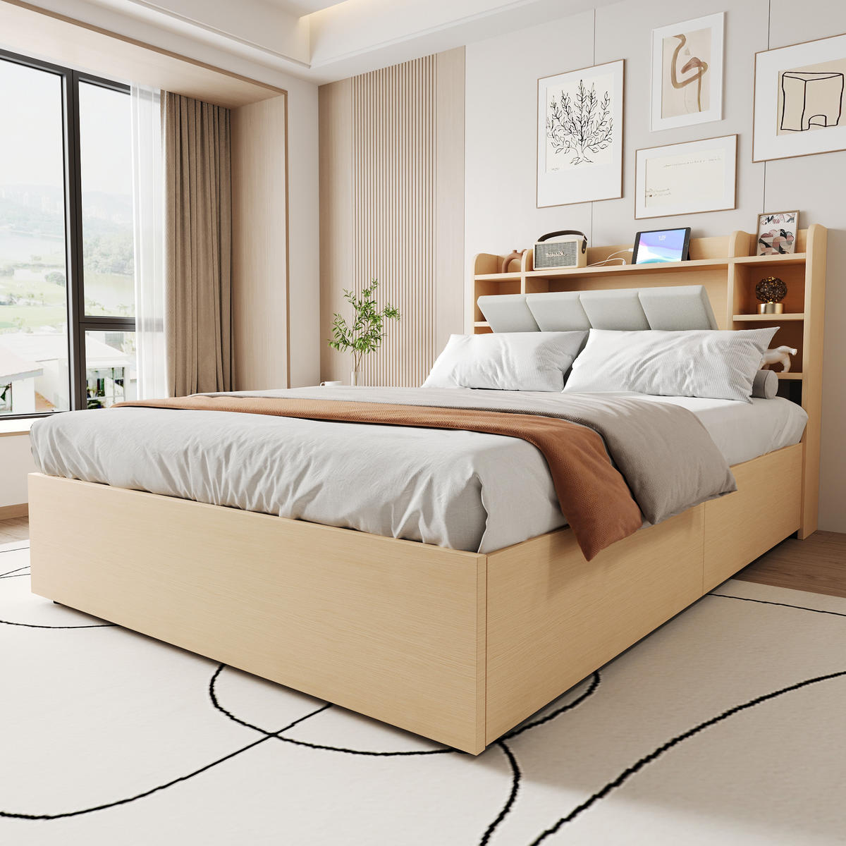 STAURAUMBETT 140/200 cm DE-01429, in Holzfarbe, mit Hydraulik und USB-C - Naturfarben, Holzwerkstoff (140/200cm) - ComfortXL