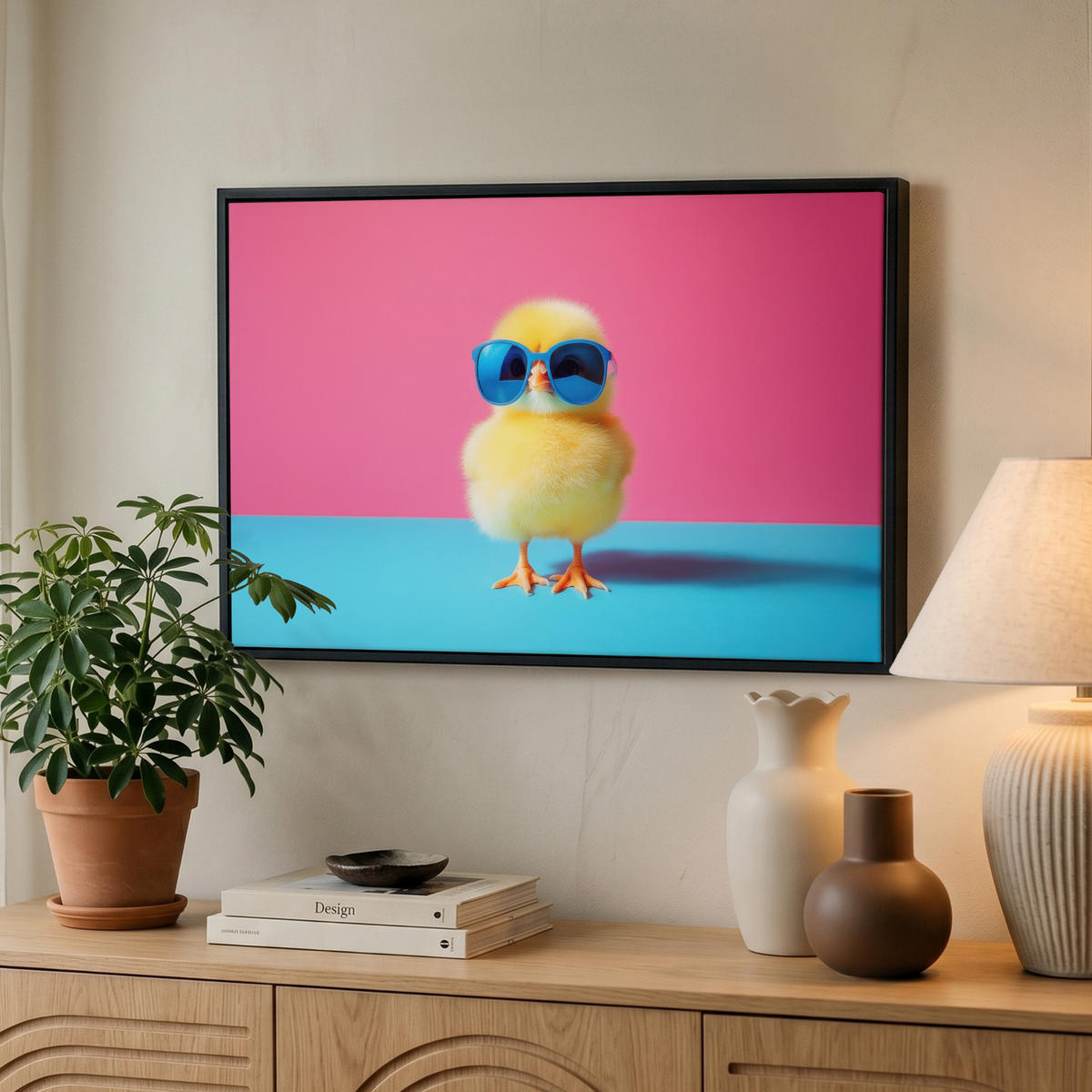LEINWAND Bilder mit Rahmen - Chick - Sonnenbrille - Blau - 60x40 - Pink, Textil (60/40cm) - MuchoWow
