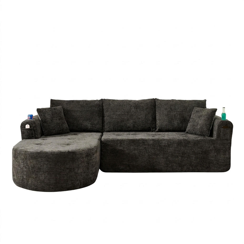 ECKSOFA 255/171/64 cm Schwarz Leinen mit 2 Getränkehalter - Schwarz, Textil (255/171cm) - Oxeza
