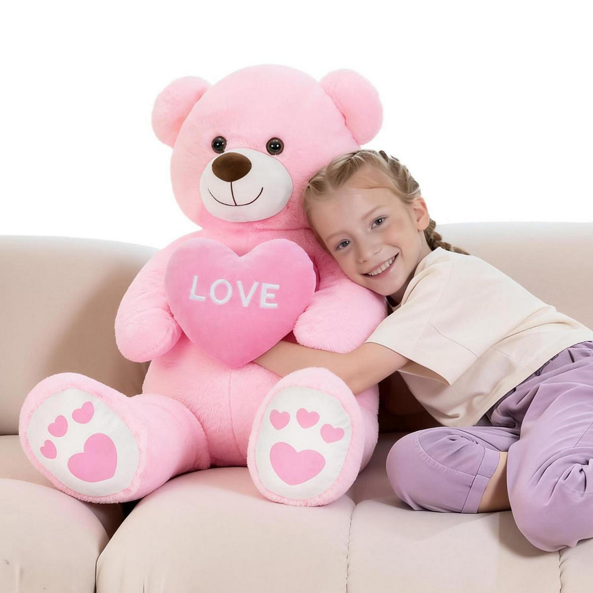 XXXL Kuscheltier Teddybär mit Herz 90 cm Rosa - Rosa, Textil (45/90cm)