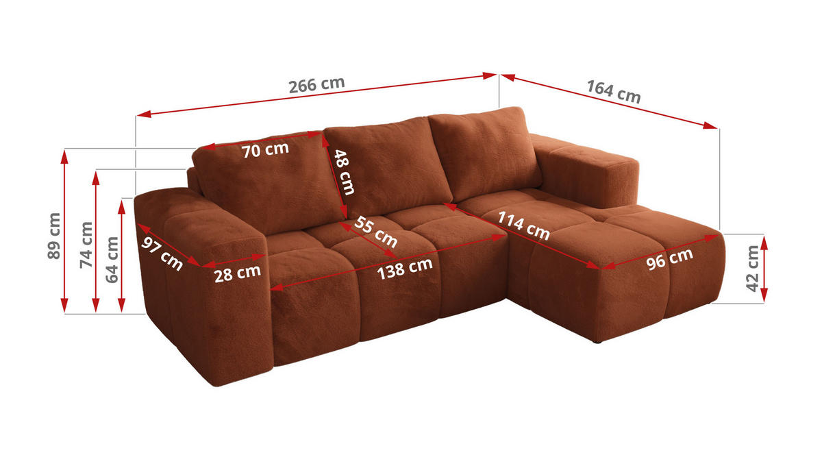 ROHOVÁ SEDAČKA MONIVA L - Oranžová Plyš - Pravá Strana - pomerančová/černá, textil/plast (266/164cm) - MKS