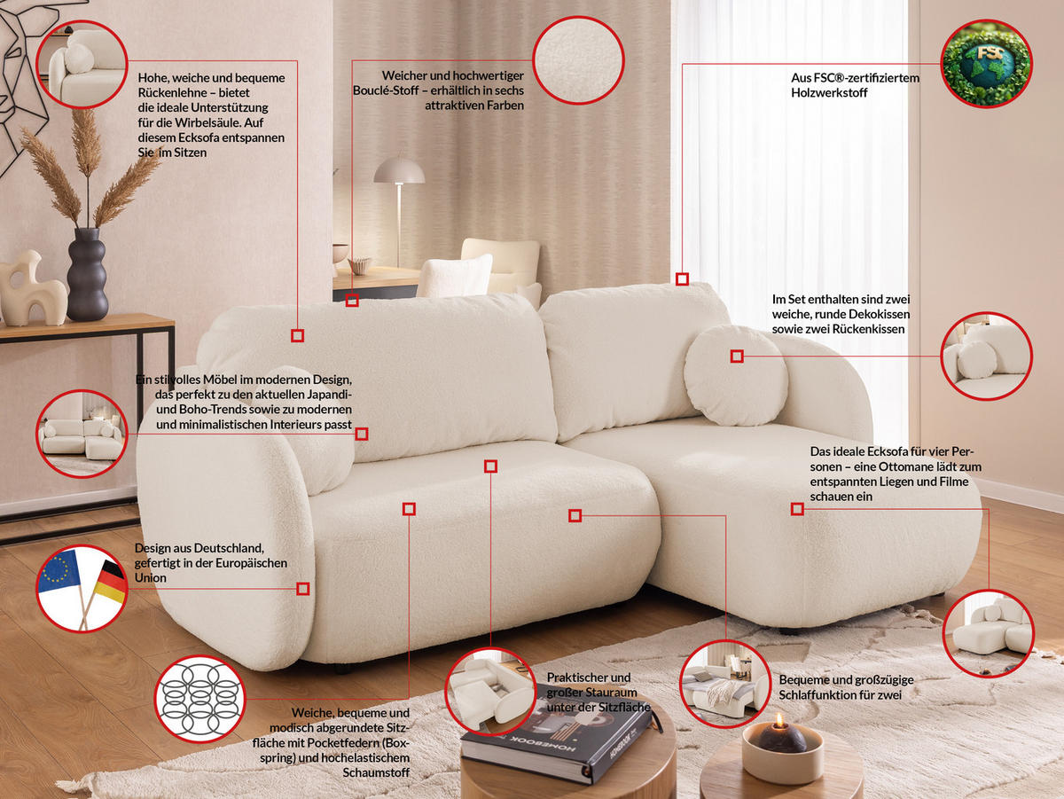 ECKSOFA Candy mit Schlaffunktion Hellbeige Bouclé-Stoff - Ottomane rechts - Beige/Schwarz, Holz/Kunststoff (146/230cm) - S-Style Möbel