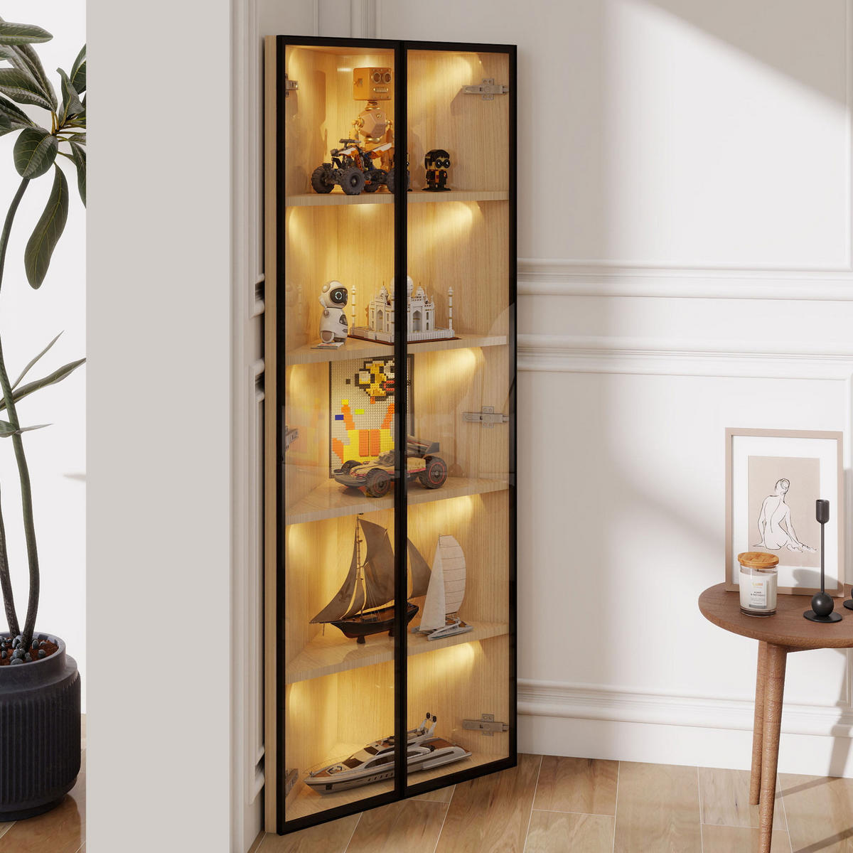 HIGHBOARD 62/35/160 cm in Eiche mit LED-Beleuchtung und Sicherheitsglas - Eichefarben, Holzwerkstoff (62/160/35cm) - Flora Grace