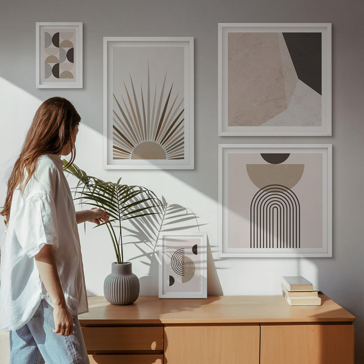 BILDER SET 5er Set - 50x50 cm & 20x30 cm & 40x60 cm Weißer Rahmen - Abstrakte beige und braune Formen - Weiß, Kunststoff (40/60cm) - TULUP