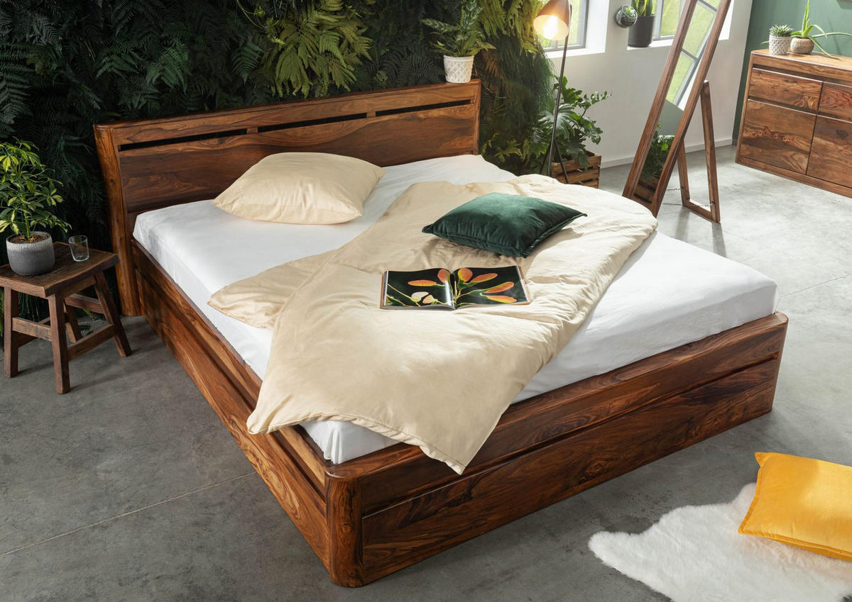 BETT Massivholz Akazie / Sheesham 200 x 200 x 90 walnussbraun TORONTO #258 - Walnussfarben, Holz (200/200cm) - Massivmoebel24