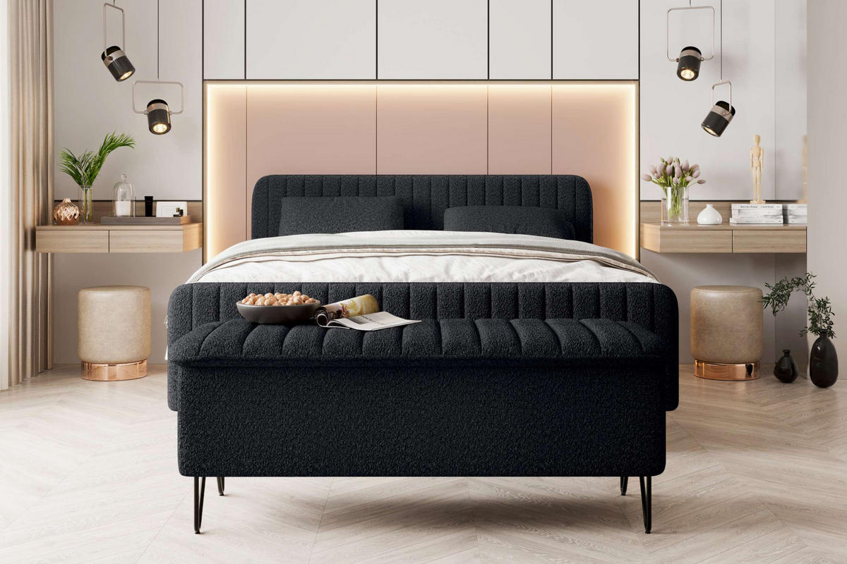 BOXSPRINGBETT LUCIO mit Hocker Bouclé-Stoff Schwarz 160/200 cm - Schwarz, Textil/Metall (160/200cm) - 99rooms