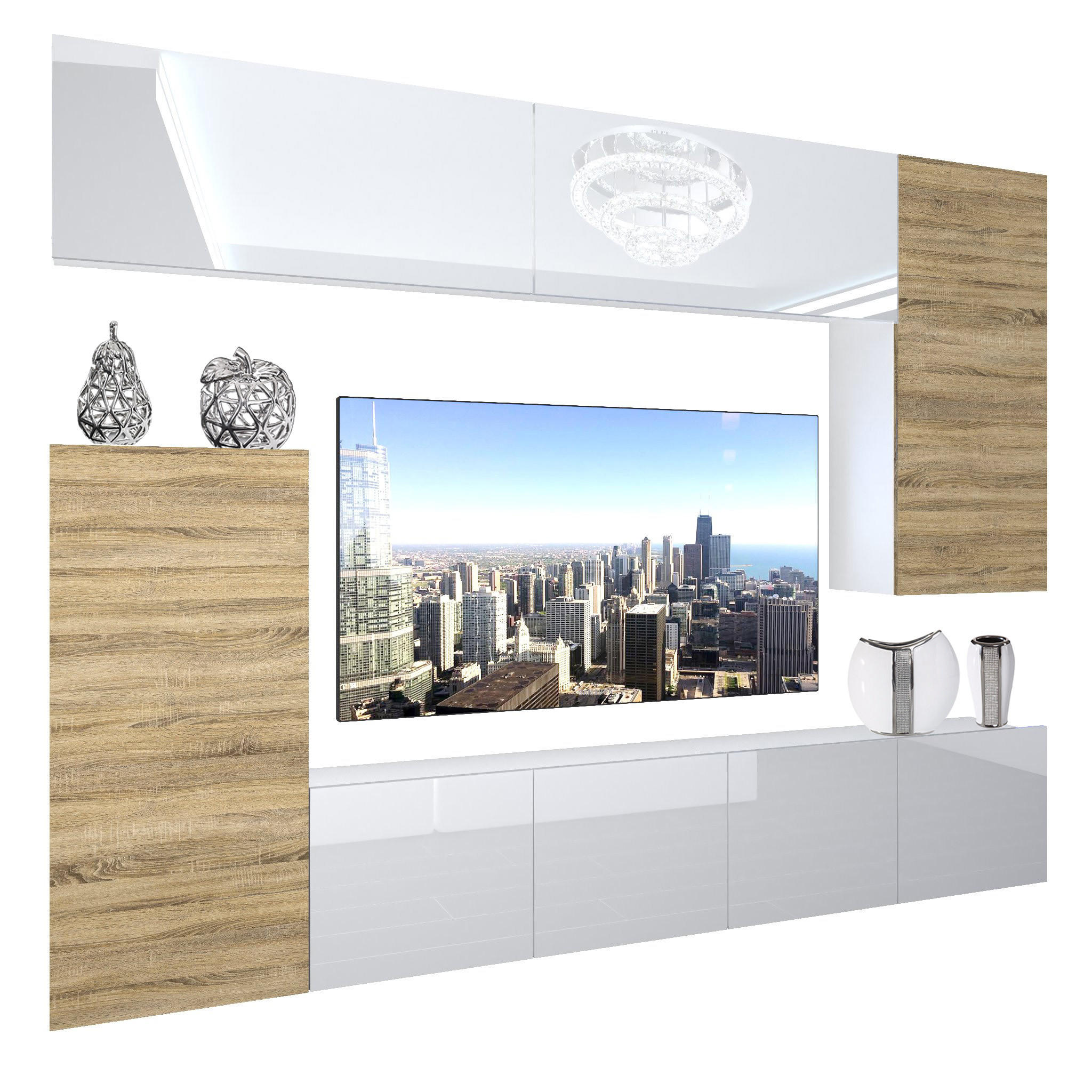 WOHNZIMMERWAND Schrankwand mit LED Weiß / Sonoma Eiche - Weiß/Braun, Holz (250/180/36cm) - B BELINI GROUP