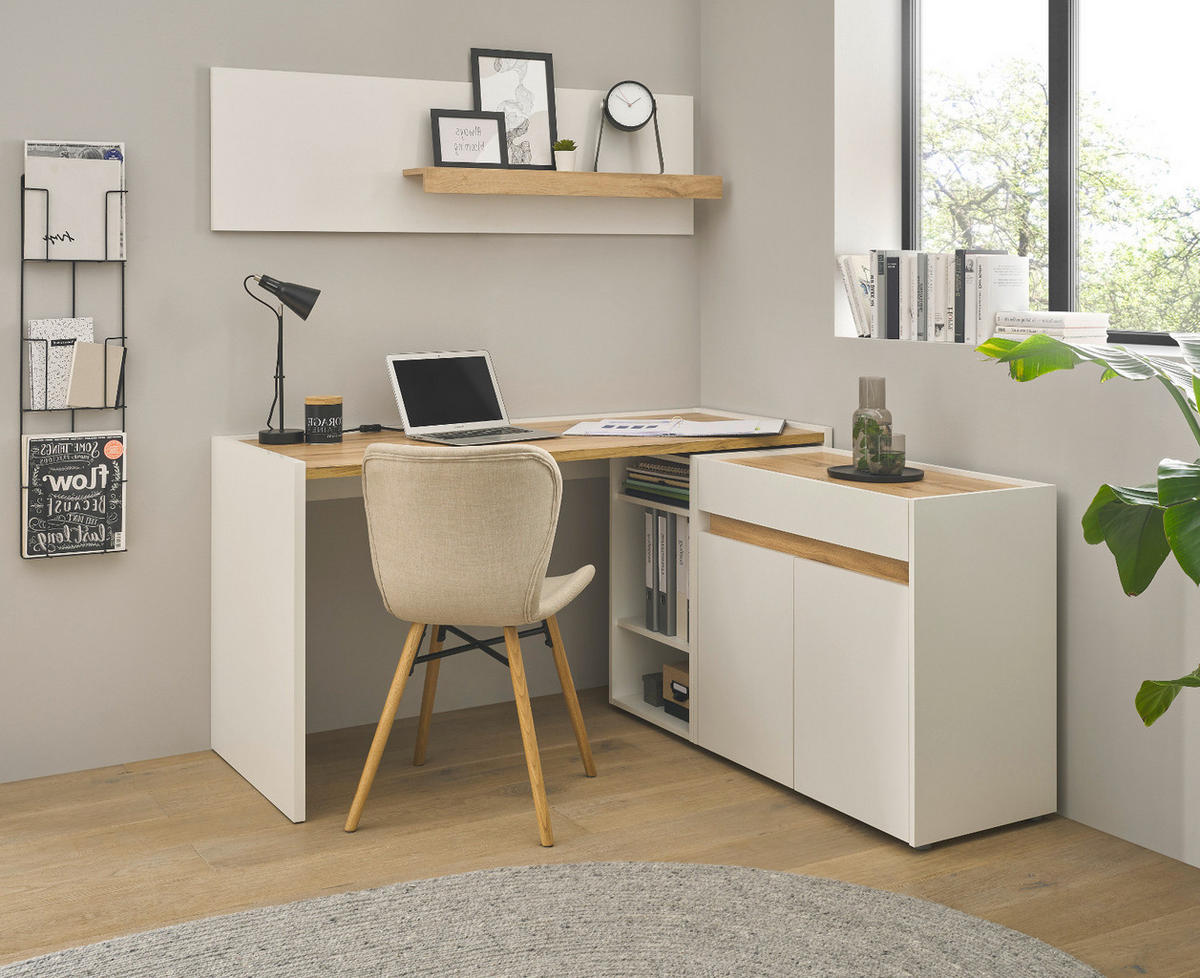 SCHREIBTISCHKOMBINATION 2-teilig weiß matt, Eiche Wotan 143 cm, Büromöbel Set mit Bürocontainer - Silberfarben/Eiche Wotan, Holzwerkstoff/Kunststoff (62/143/76cm) - Furn.Design