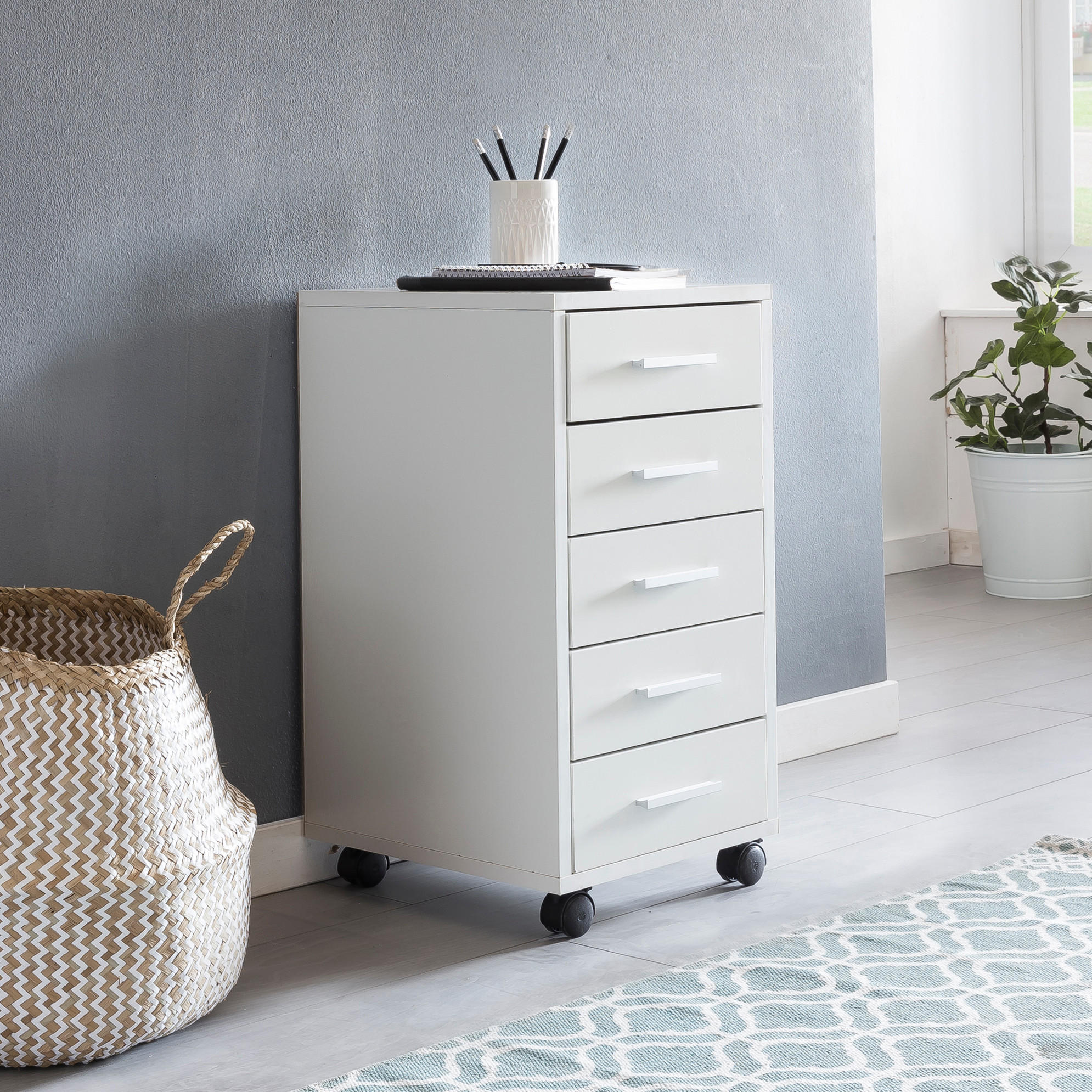 Thumbnail - Kadima Design Schubladenschrank, Weiß, Kunststoff, 5 Schubladen, Rechteckig, Rollen, 33x63x38 cm, Arbeitszimmer, Contain...