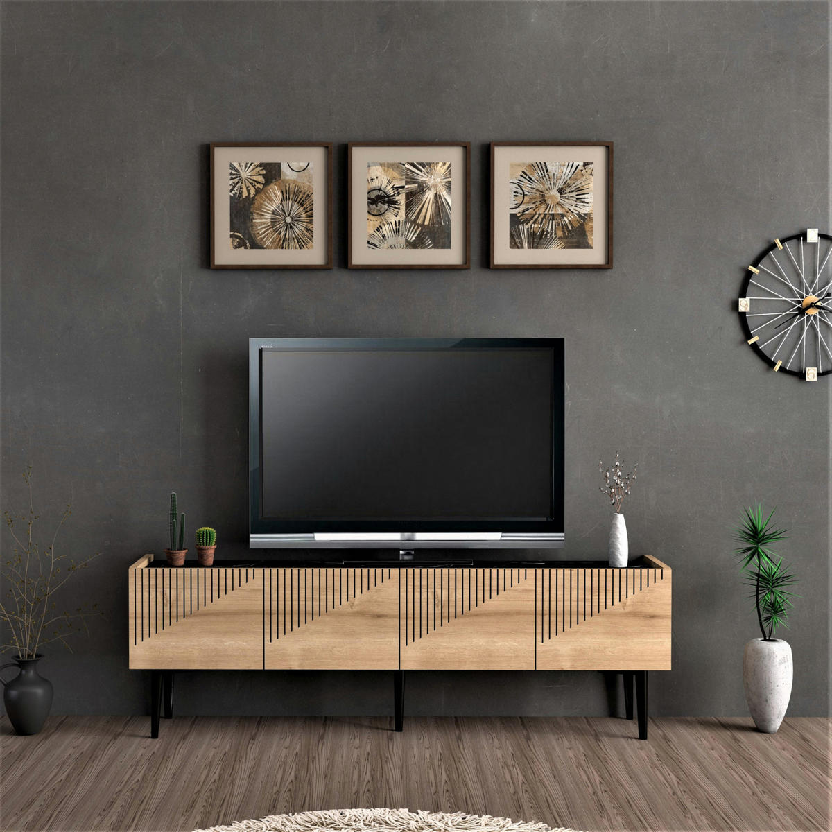 FERNSEHTISCH Oppdal - Eichefarben/Schwarz, Holzwerkstoff/Kunststoff (154/45/37cm) - [en.casa]