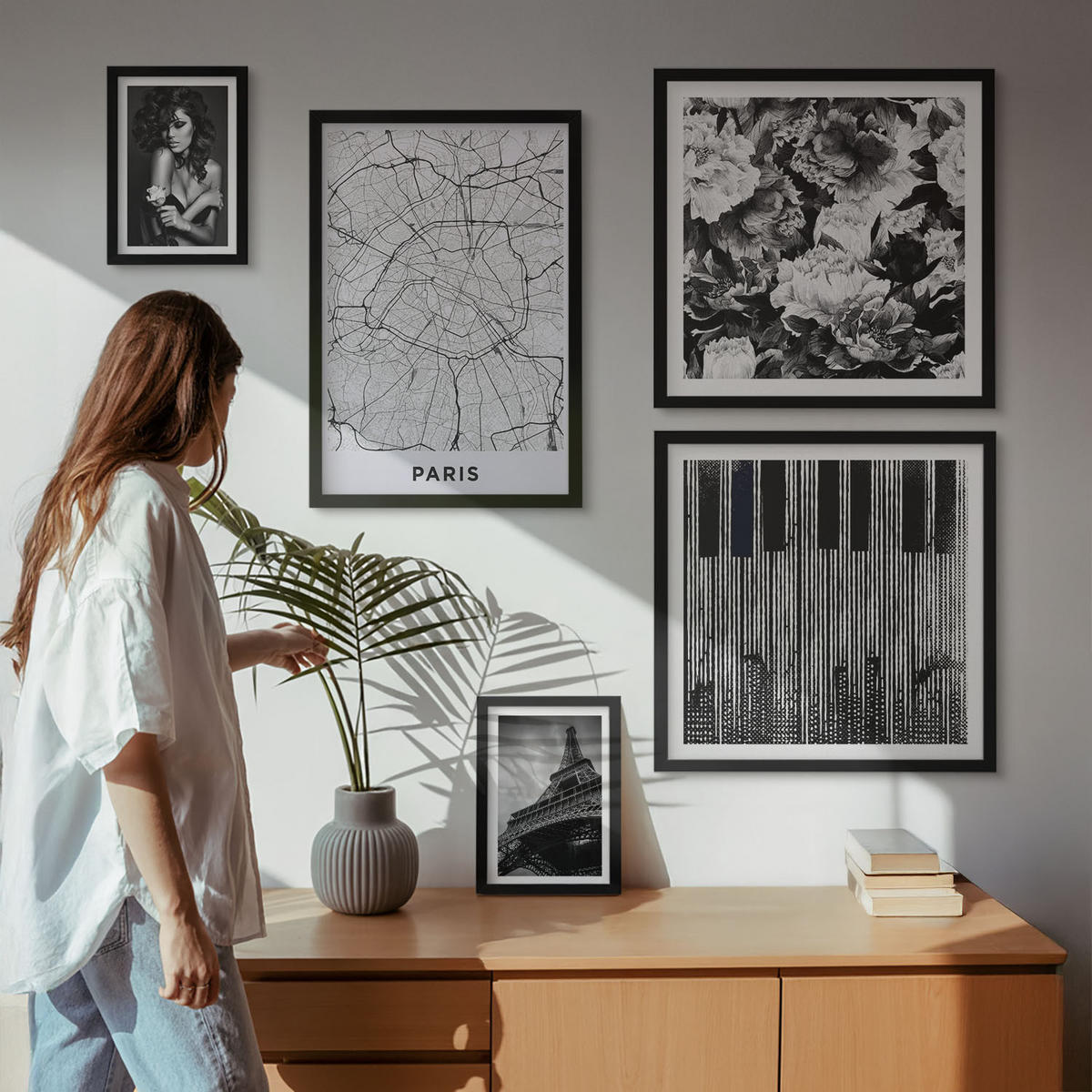 WANDBILDER 5er-Set - 50x50 cm & 20x30 cm & 40x60 cm Schwarzer Rahmen - Porträt einer Frau mit einer Eiffel-Rose - Schwarz, Kunststoff (40/60cm) - ArtPrintCave