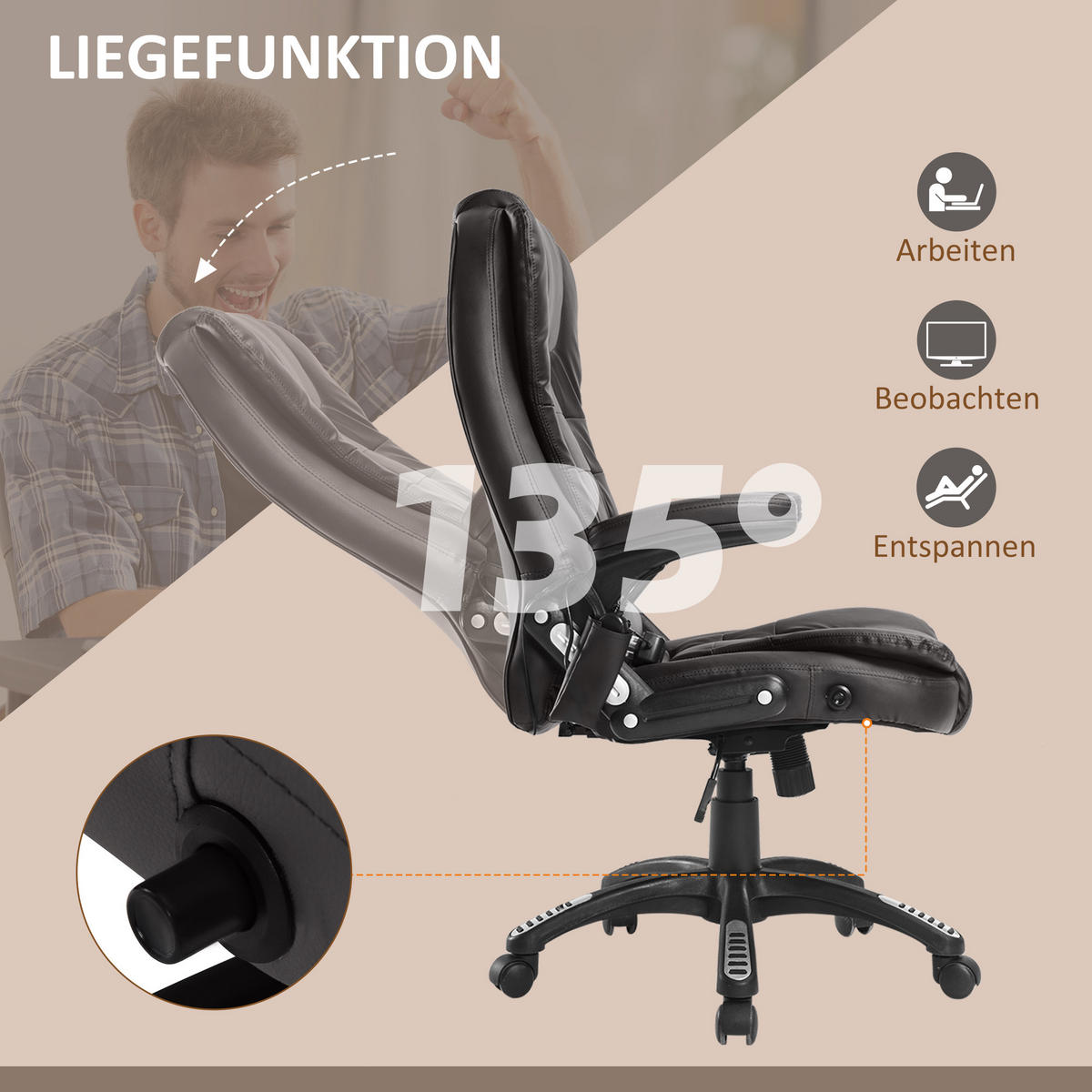 MASSAGESESSEL Bürostuhl Drehstuhl mit Wärmefunktion Chefsessel Bürosessel - Schwarz/Braun, Kunststoff (68/121/62cm) - HOMCOM