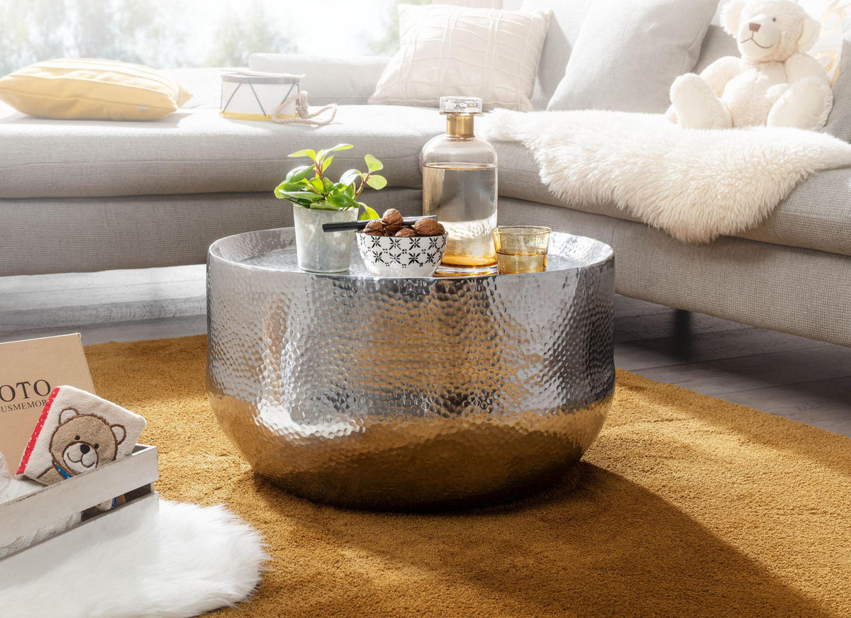 COUCHTISCH Orientalisch mit Hammerschlag-Struktur aus Aluminium und hohler Bauweise, Silber 60x60x35 cm - Silberfarben, Metall (60/60/35cm) - KADIMA DESIGN