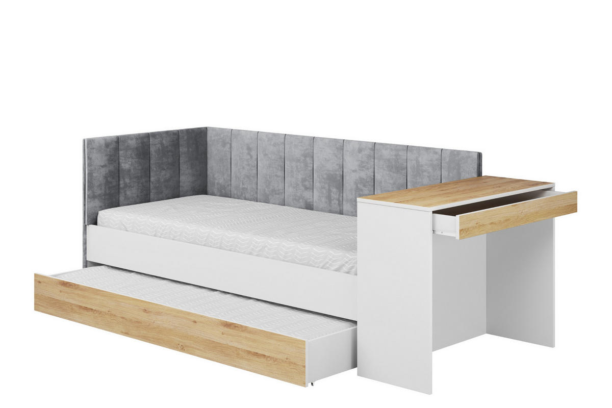 JUGENDBETT FABIAN 90/200 cm in Weiß/Eiche Gold links - Erlefarben/Weiß, Holzwerkstoff/Textil (90/200cm) - Deine Möbel 24