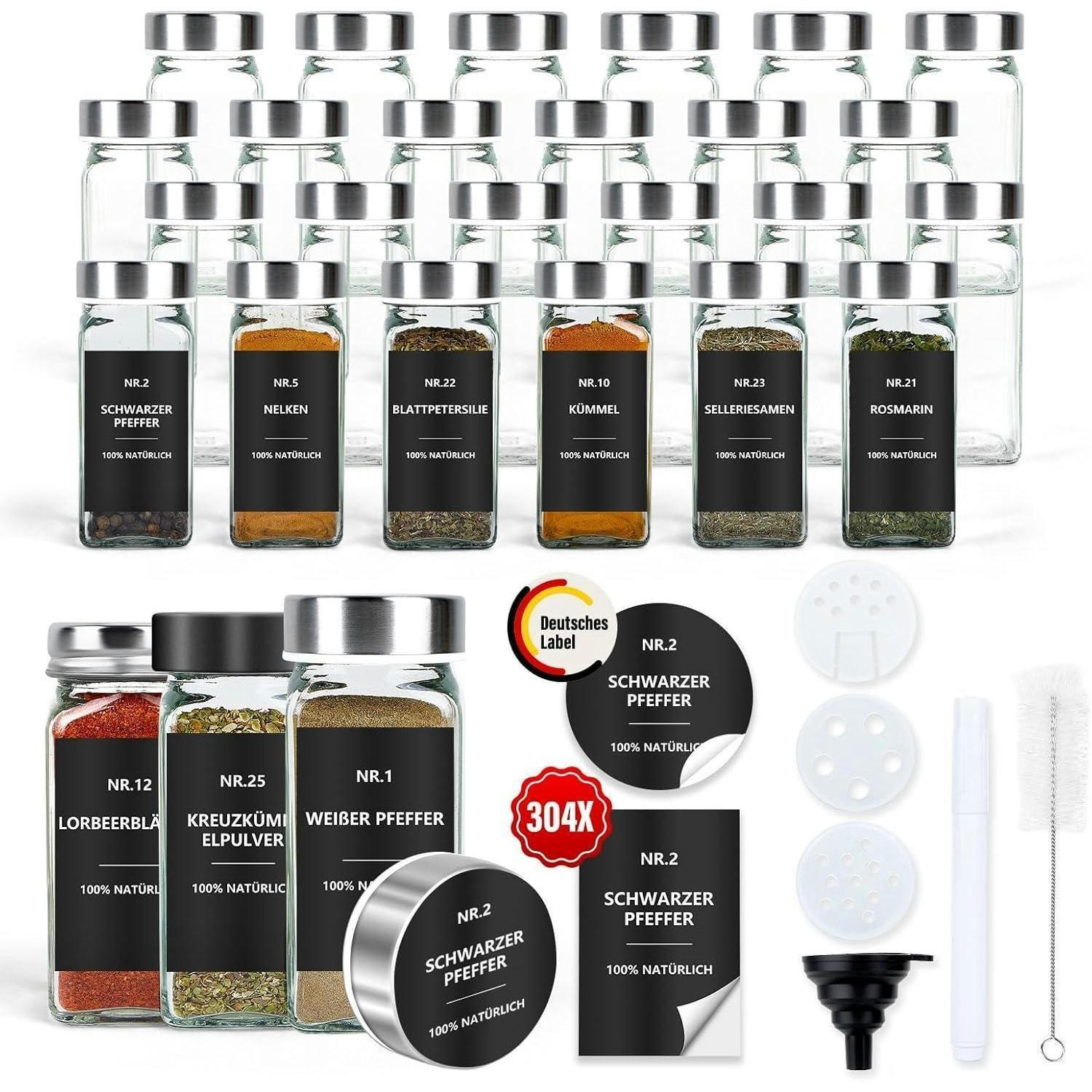 GEWÜRZGLÄSER Set 24 Stück 120ml Eckig mit Streueinsatz und Etiketten - Multicolor, Glas (3.8/10.5/4.4cm)