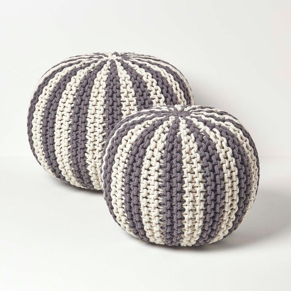 STRICKPOUF rund, grau-creme gestreift, 50/50/40 cm - Grau, Textil (50/40/50cm) - Homescapes