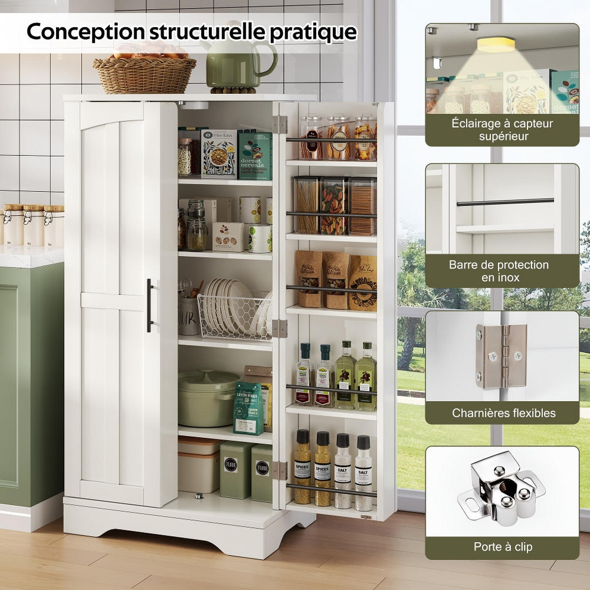 KÜCHENSCHRANK MIT LED-SENSORLICHT, 2-TÜRIGER AUFBEWAHRUNGSSCHRANK, MDF Weiß, Esszimmer, 60/120/40 cm - Weiß, Kunststoff (40/120/60cm) - Rolipo