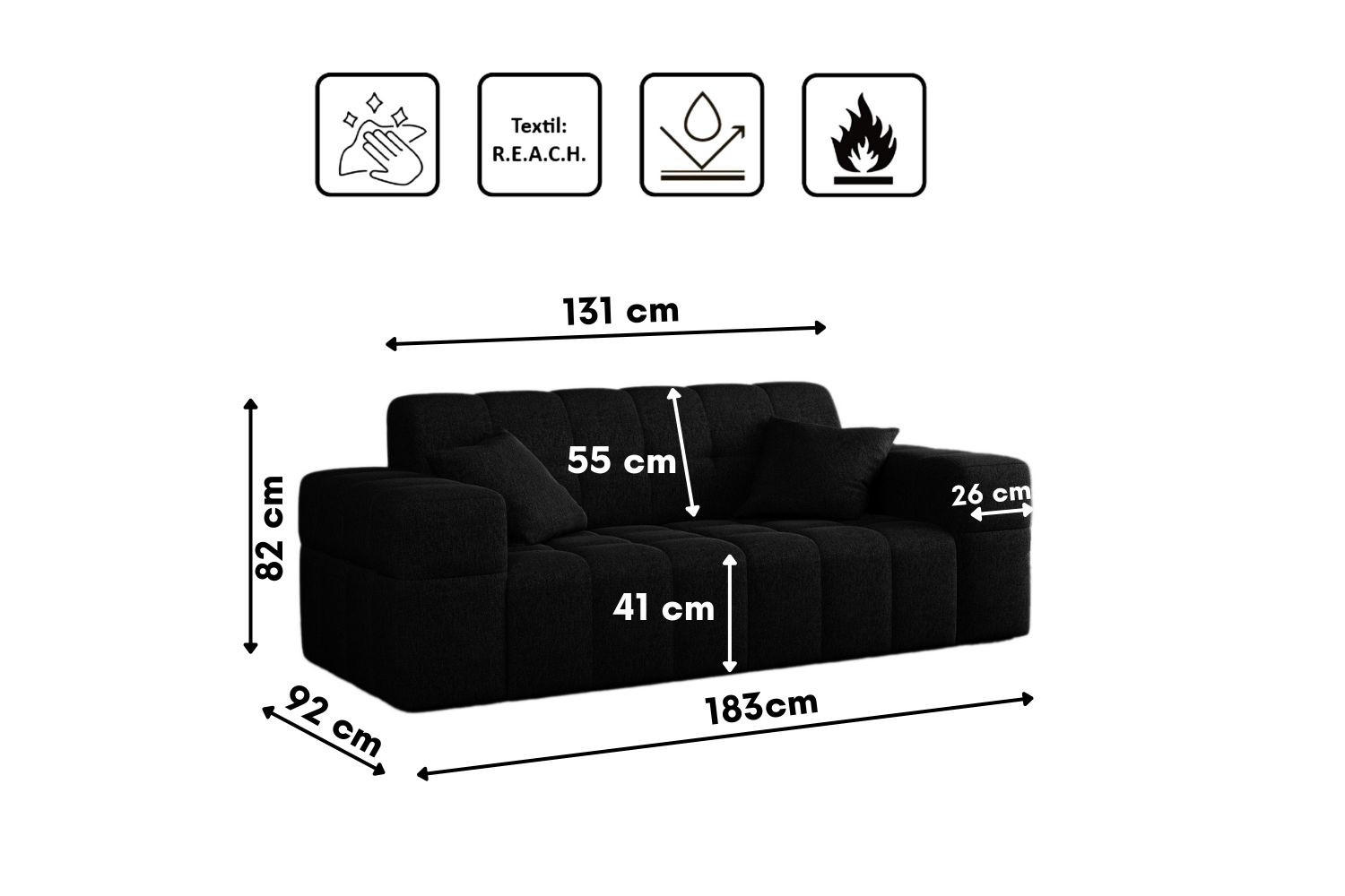 Thumbnail - Kaiser Möbel Sofa, Schwarz, Holz, Rechteckig, 183x82x92 cm, Wohnzimmer, Sofas & Couches, Sofas, 2-Sitzer Sofas