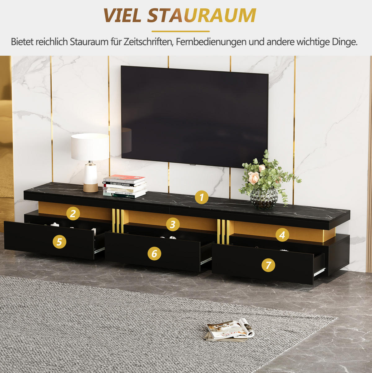 LOWBOARD 200/40/42 cm Schwarz aus Spanplatte mit Marmor-Optik - Schwarz, Holzwerkstoff (50/40/100cm) - OKMYHOME
