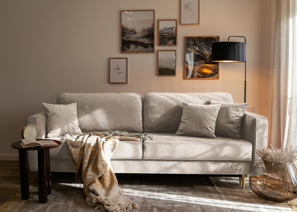 SCHLAFSOFA Valico Beige hydrophober Samt - Beige/Goldfarben, Textil/Metall (230/90/97cm) - Selsey