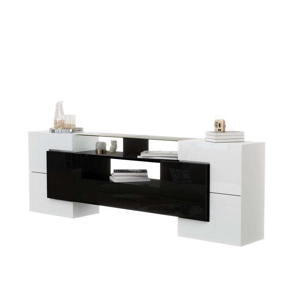 COMODA TV 200cm Alb-Negru lucios cu LED
