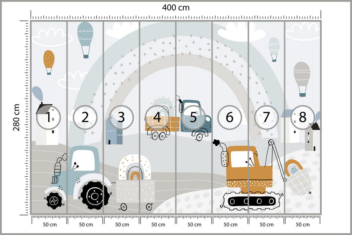 FOTOTAPETE für Kinderzimmer Baumaschinen Regenbogen Hügel Wolken 400x280 - Blau/Beige, Papier (400/280cm) - Muralo