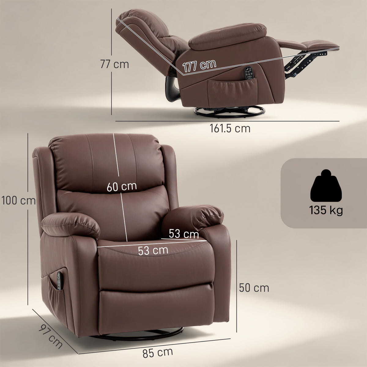 MASSAGESESSEL,8 Massagepunkte Heizung Fußstütze,braun - Braun, Leder (85/100/97cm) - Vallsero