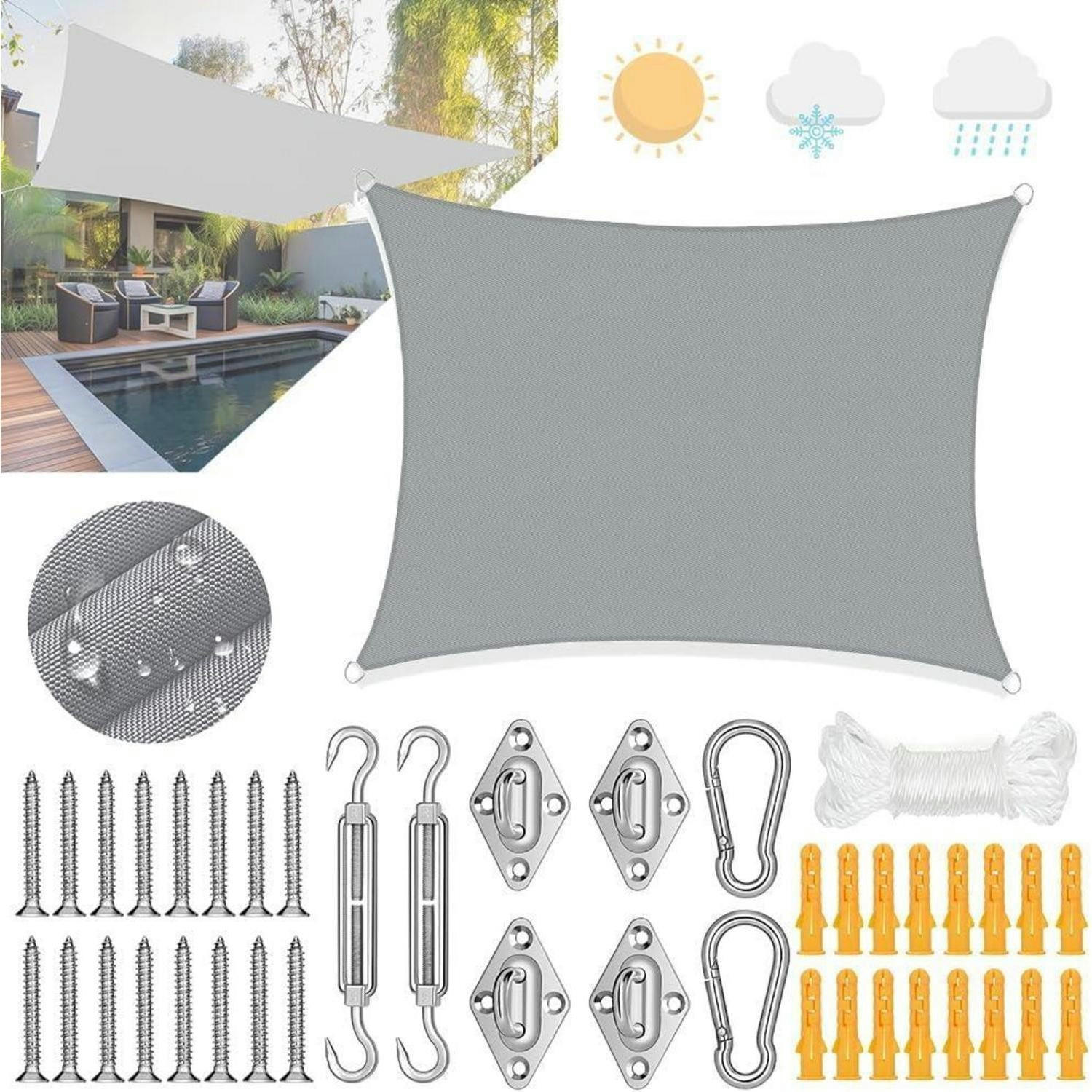 SONNENSEGEL Rechteckig 2 x 3 m Wasserdicht mit Befestigungsset Grau - Grau, Textil (10/10cm)