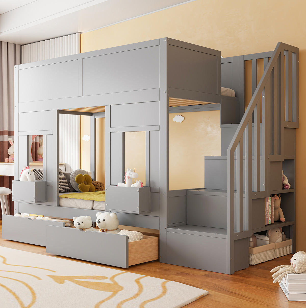 ETAGENBETT 90/200 cm mit Stauraumtreppe, Schubladen und Fensterdesign,Grau - Grau, Holzwerkstoff (90/200cm) - Redom
