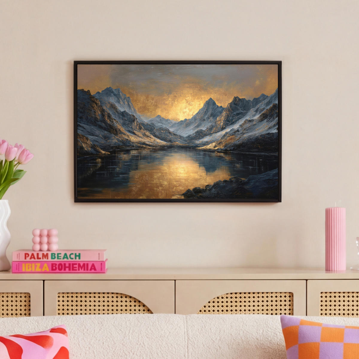 LEINWAND Bilder mit Rahmen - Bergkulisse mit goldenem Sonnenuntergang - 60x40 - Goldfarben, Textil (60/40cm) - MuchoWow