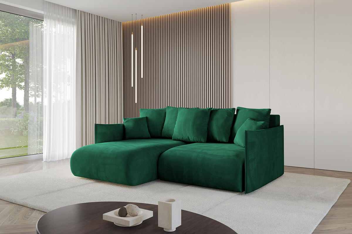 ECKSOFA mit Schlaffunktion und Bettkasten ONESK-L 208x165x40 Dunkelgrün Velours - Dunkelgrün, Holzwerkstoff/Kunststoff (208/165cm) - ALTDECOR