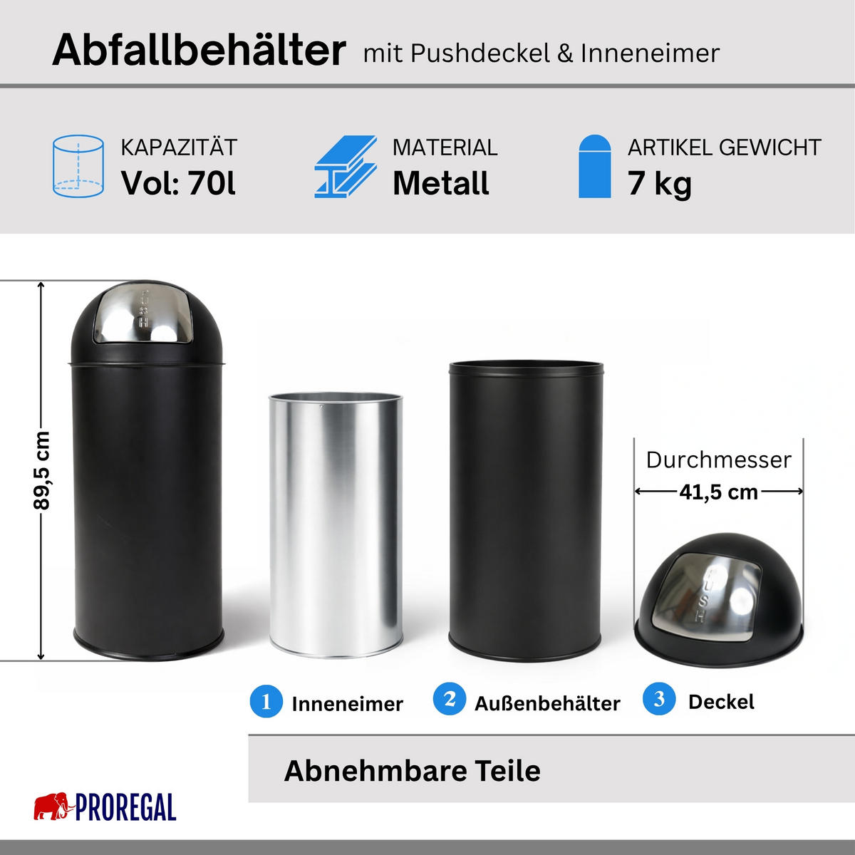 MÜLLEIMER 70 Liter mit Push Klappe Matt Schwarz - Schwarz, Metall (41.5/89.5/41.5cm) - PROREGAL