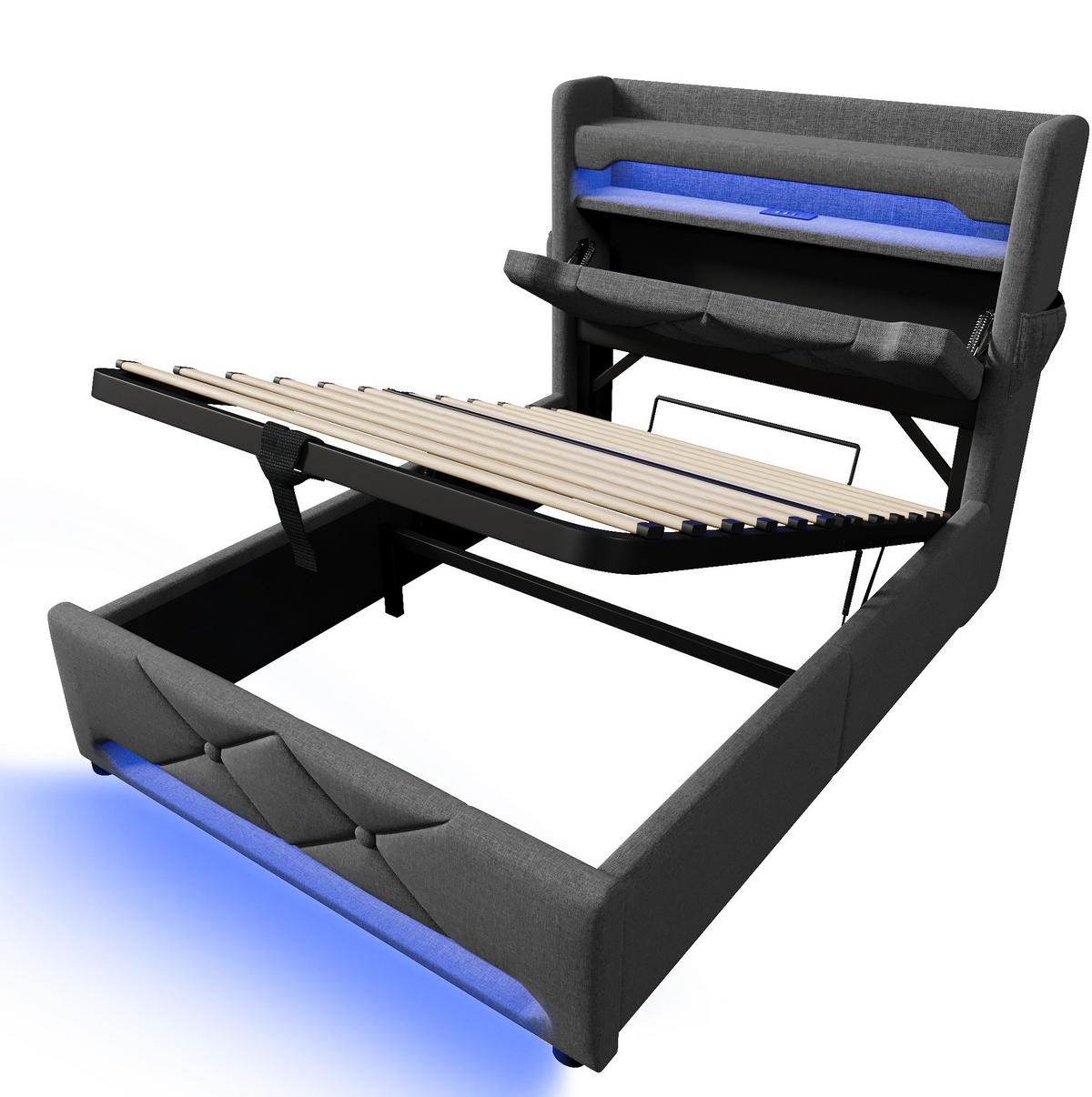 POLSTERBETT mit LED-Beleuchtung 90/200 cm in Grau mit Bettkasten & USB - Grau, Textil (90/200cm) - BEAOK