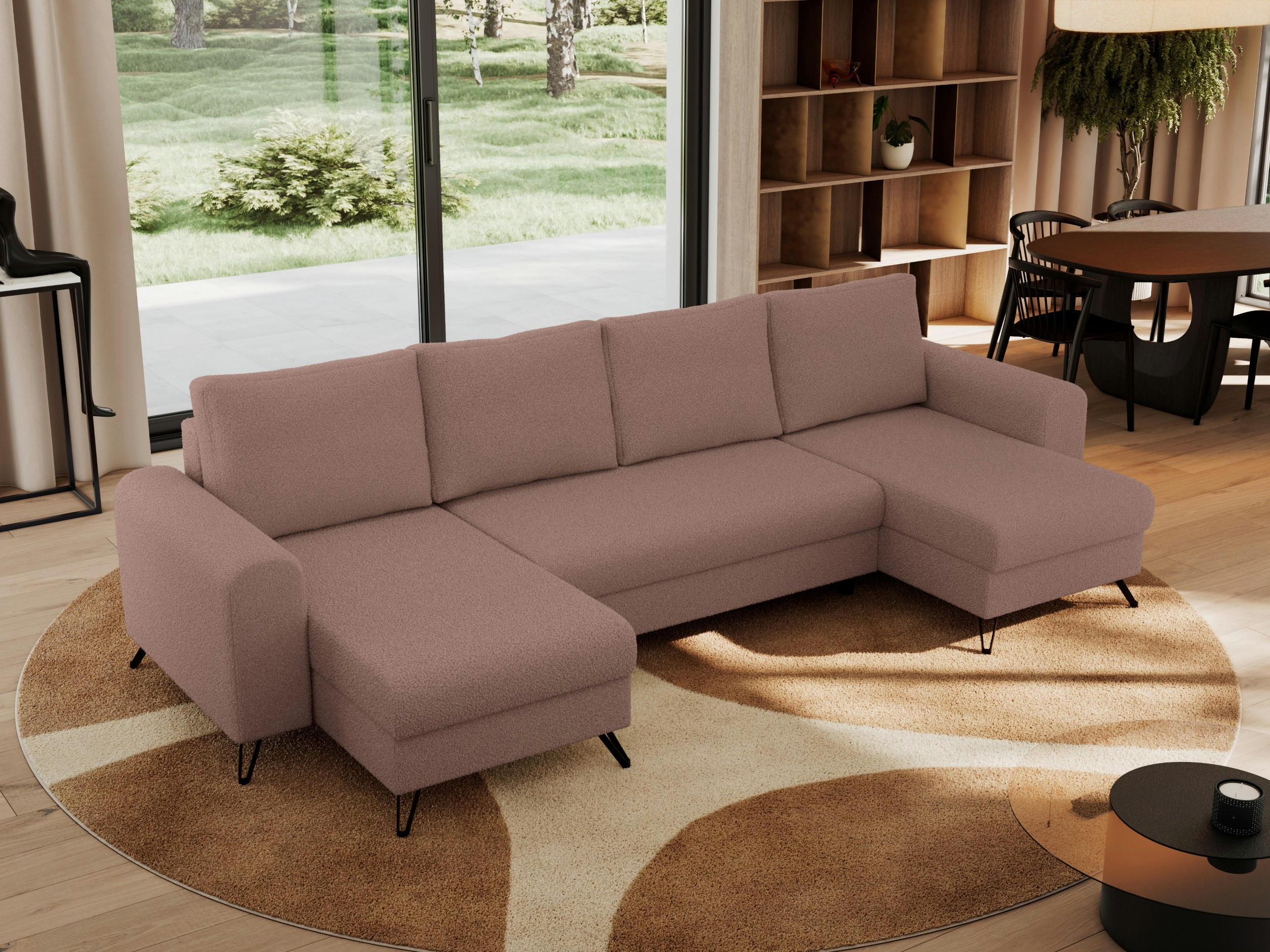WOHNLANDSCHAFT AXEL U Boucle Rosa - Schwarz/Rosa, Textil/Metall (312/90/140cm) - MKS