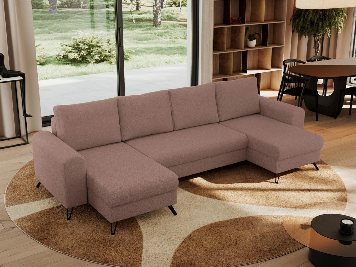 WOHNLANDSCHAFT AXEL U Boucle Rosa - Schwarz/Rosa, Textil/Metall (312/90/140cm) - MKS