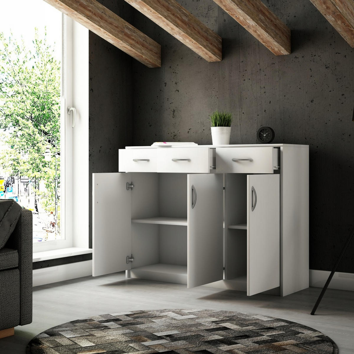 KOMMODE mit 3 Türen und 3 Schubladen - Weiß, Holzwerkstoff (110/85/35cm) - Home Collective