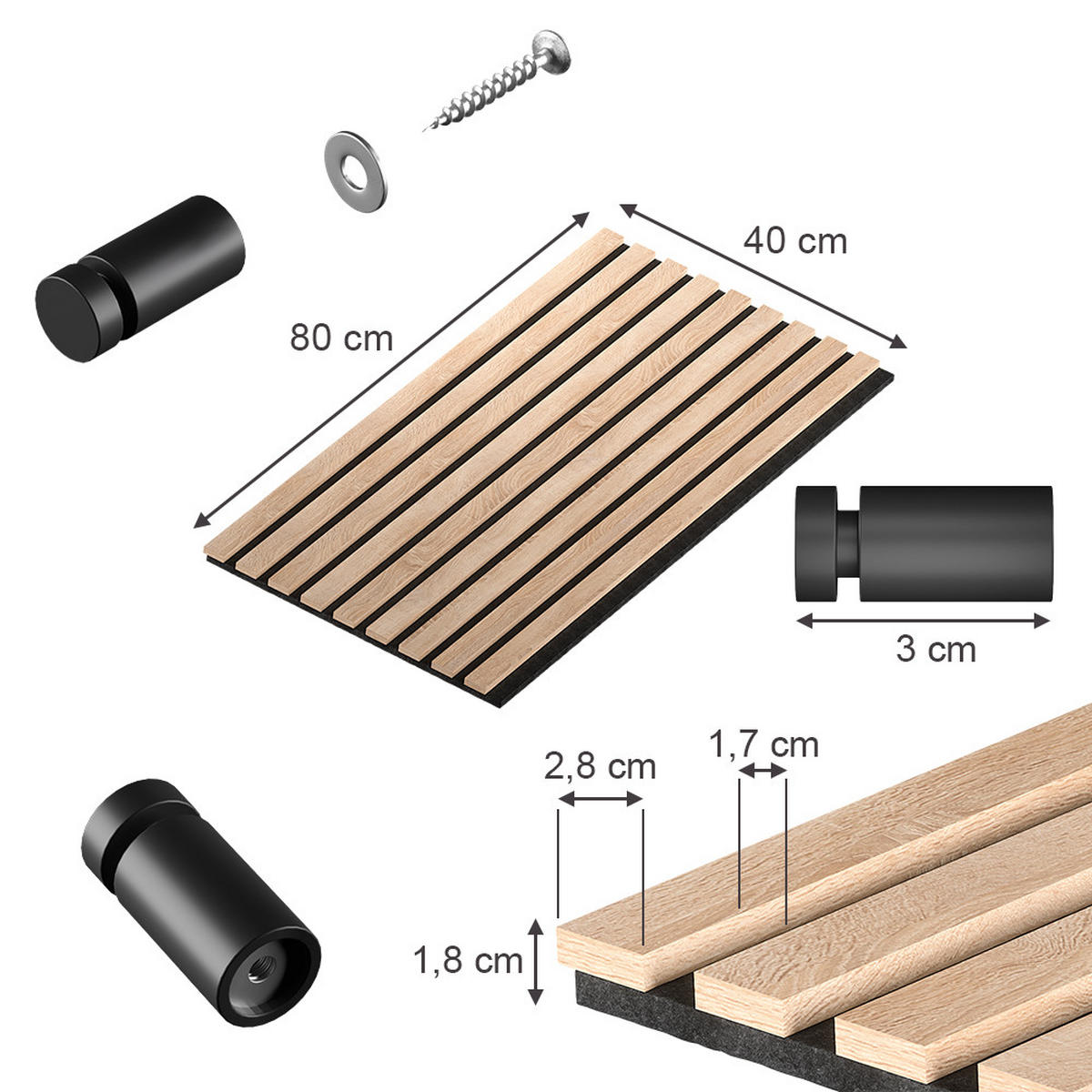 AKUSTIKPANEEL Sonoa, Eiche/Schwarz, 4er Set - Eichefarben/Schwarz, Holzwerkstoff (40/80/1.8cm) - Vicco