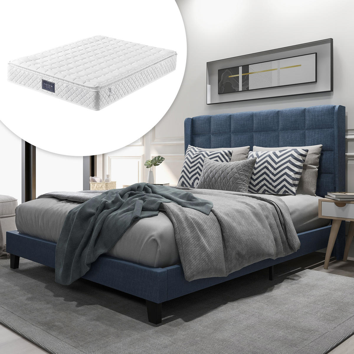 POLSTERBETT 140/200 cm Blau mit gepolstertem Kopfteil und Lattenrost - Blau, Textil (140/200cm) - OKWISH