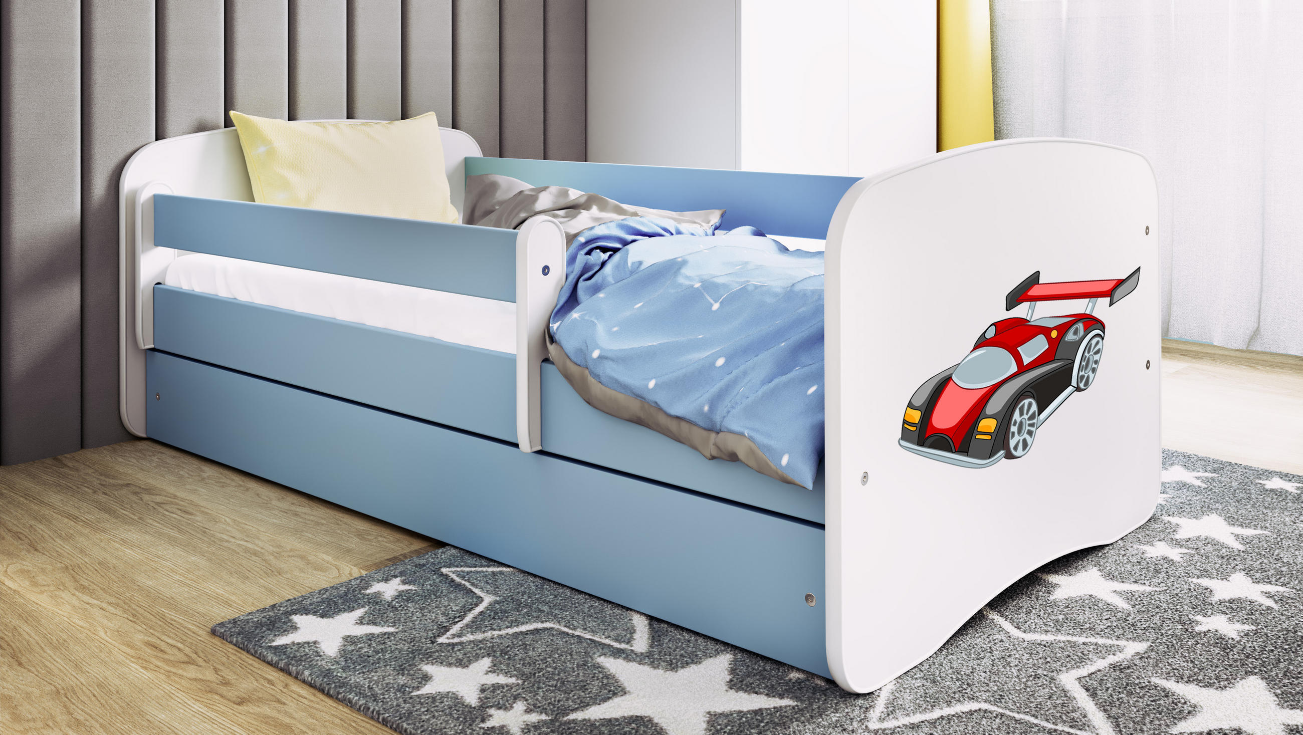 KINDERBETT Rennwagen 70x140 cm mit Schublade, Rausfallschutz & Lattenrost, Blau - Blau, Holzwerkstoff (70/140cm) - RAUMHIRSCH FURNITURE