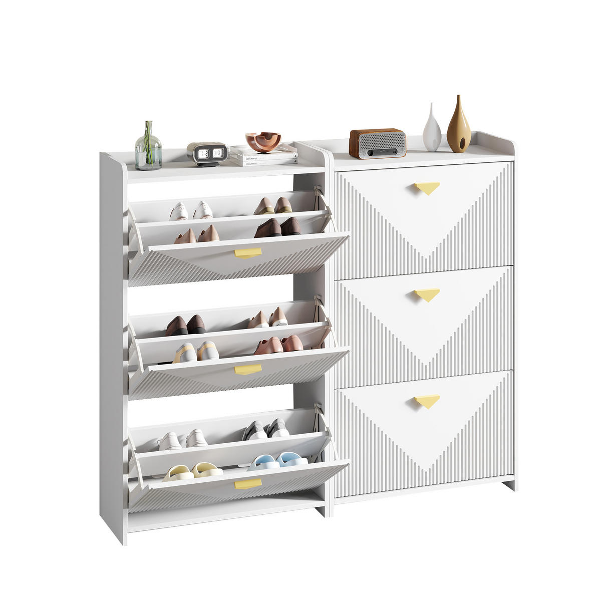 SCHUHSCHRANK aus MDF 140x30x120cm in Weiß mit 3 Klapptüren - Weiß, Holzwerkstoff (140/120/30cm) - Modfu