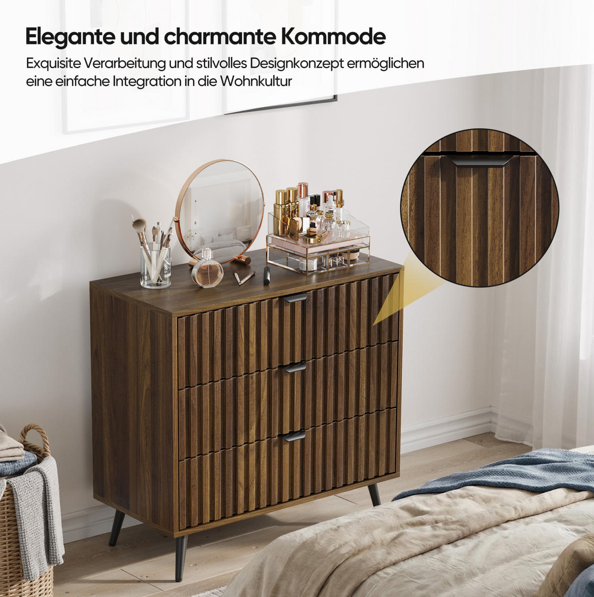 KOMMODE aus MDF 80x39x78 cm Walnuss mit 3 Schubladen und Metallbeinen - Walnussfarben, Holzwerkstoff (80/78/38cm) - Modfu